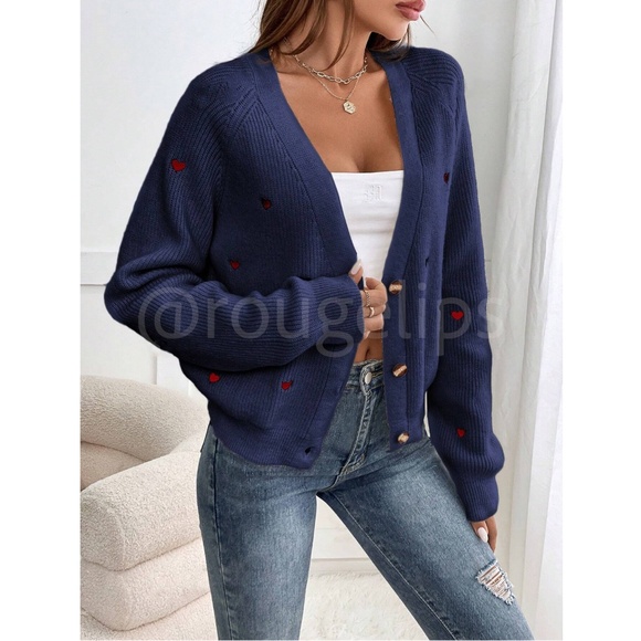 Embroidered Red Hearts Cardigan Navy Blue Oversized - Picture 6 of 9